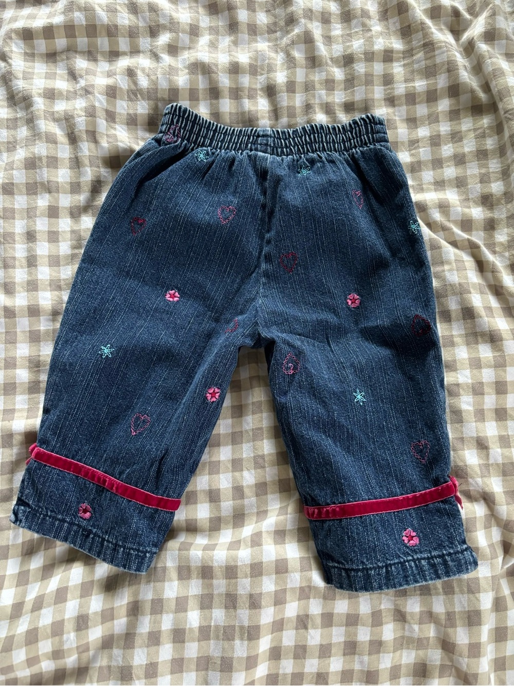 Healthtex Denim Embroidered Capri Pants with Pink Accent